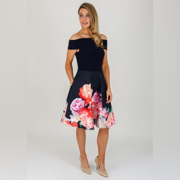 Joseph Ribkoff Dress Style 181799 Off The Shoulder Fit and Flare Midnight Blue - Picture 1 of 12